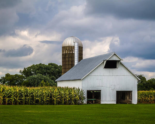 Art Poster featuring the photograph White Barn and Silo with Storm Clouds by Ron Pate