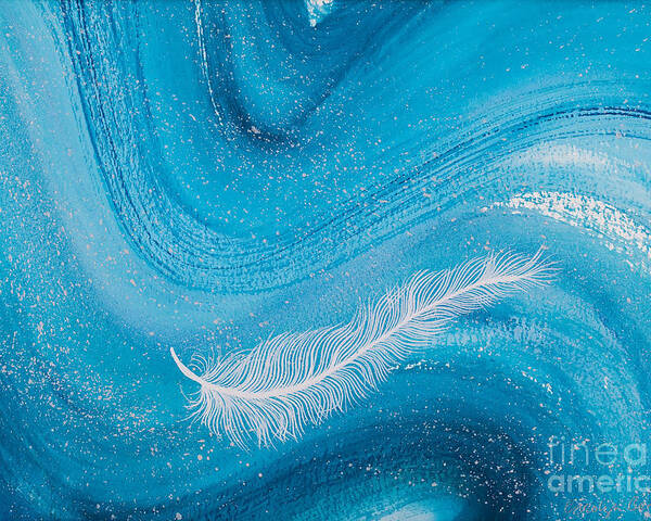 Feather Poster featuring the painting White spiritual feather on pale blue wave by Carolyn Bennett by Simon Bratt