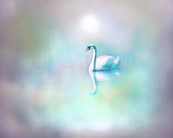 White Swan Poster featuring the digital art White Swan in the fog by Lilia D