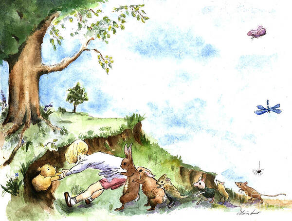 Winnie The Pooh Poster featuring the painting Helping Hands after E H Shepard by Maria Hunt