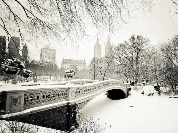 New York City Poster featuring the photograph Winter's Touch - Bow Bridge - Central Park - New York City by Vivienne Gucwa