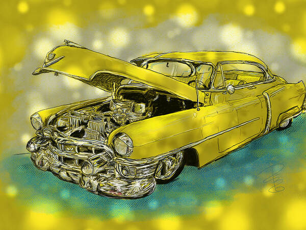 1950s Poster featuring the digital art Yellow Cad by Debra Baldwin