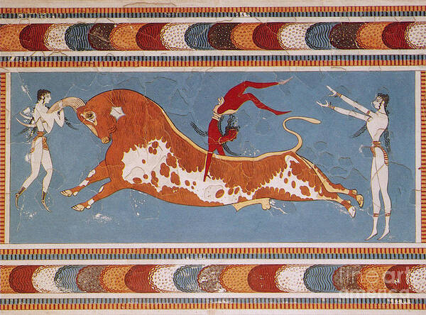 Figurative Art Poster featuring the photograph Bull-leaping Fresco From Minoan Culture by Photo Researchers
