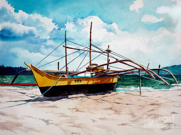 Boat Poster featuring the painting Yellow Boat Docking on the Shore by Christopher Shellhammer