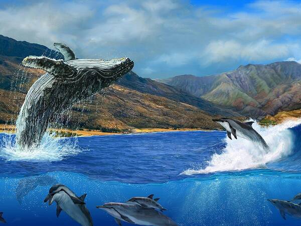 Breaching Poster featuring the painting Breaching Humpback Whale at West Maui by Stephen Jorgensen