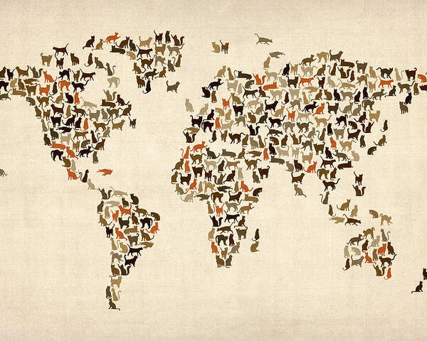 World Map Poster featuring the digital art Cats Map of the World Map by Michael Tompsett