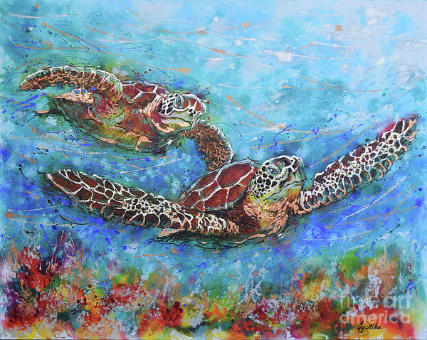Marine Turtles Poster featuring the painting Gliding Turtles by Jyotika Shroff