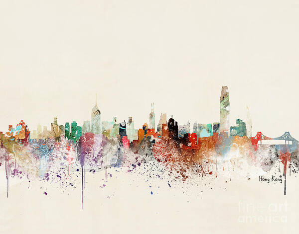 Hong Kong China City Skyline Poster featuring the painting Hong Kong Skyline by Bri Buckley
