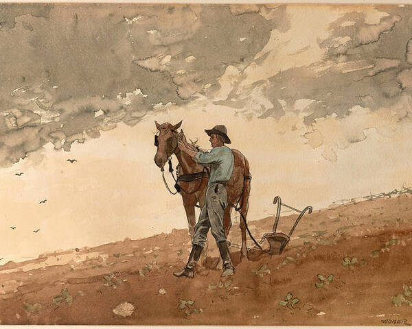 Winslow Homer Poster featuring the drawing Man with Plow Horse by Winslow Homer