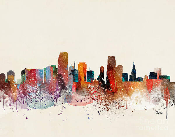 Miami Cityscape Poster featuring the painting Miami Skyline by Bri Buckley