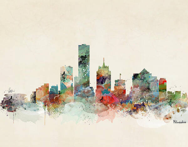 Milwaukee City Skyline Poster featuring the painting Milwaukee Wisconsin Skyline by Bri Buckley