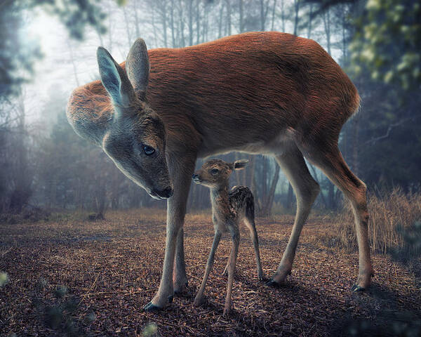 Surreal Poster featuring the photograph Mother And Fawn by John Wilhelm