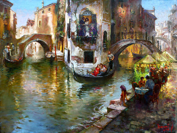 Romance In Venice Poster featuring the painting Romance in Venice by Ylli Haruni