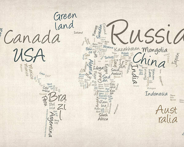 World Map Poster featuring the digital art Writing Text Map of the World Map by Michael Tompsett