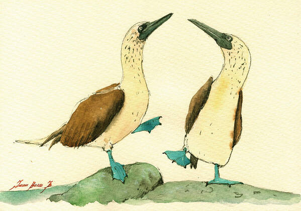 Blue Footed Boobies Poster featuring the painting Blue footed boobies by Juan Bosco