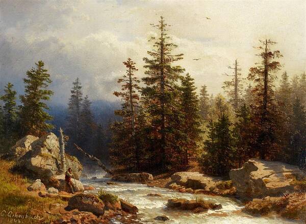 Andreas Achenbach Poster featuring the painting Forest Landscape with an Angler by MotionAge Designs