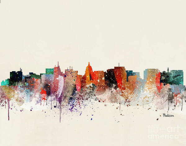 Madison Cityscape Poster featuring the painting Madison Skyline by Bri Buckley