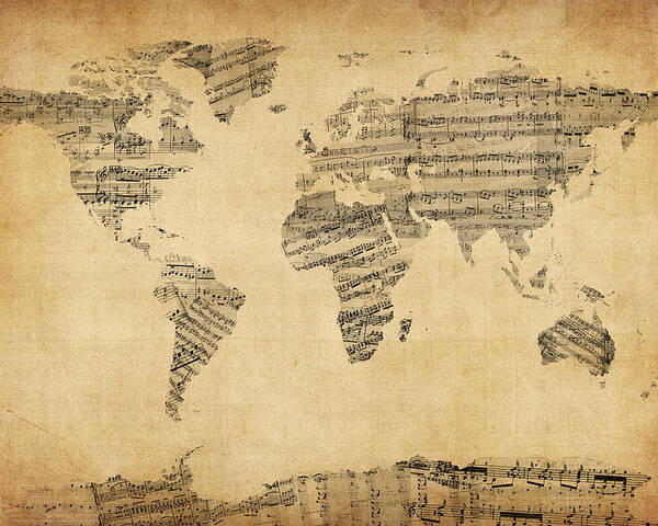 World Map Poster featuring the digital art Map of the World Map from Old Sheet Music by Michael Tompsett