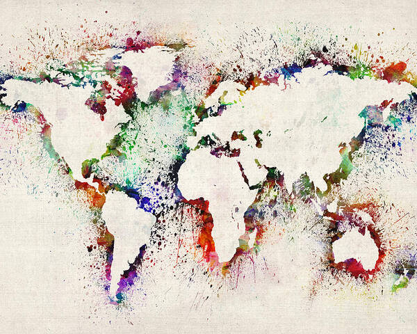 Map Of The World Poster featuring the digital art Map of the World Paint Splashes by Michael Tompsett