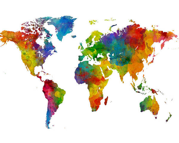 World Map Poster featuring the digital art Map of the World Map Watercolor by Michael Tompsett