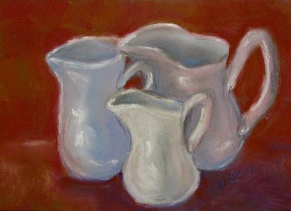 Pitchers Poster featuring the pastel 3 White Cream Pitchers by Barbara O'Toole
