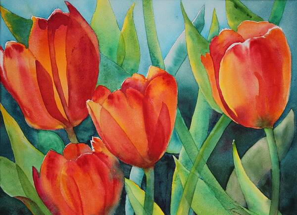 Red Flowers Poster featuring the painting 4 Red Tulips by Ruth Kamenev