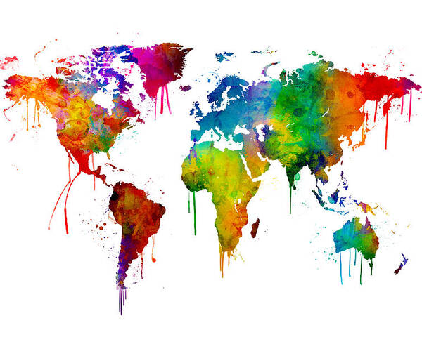 A Bright And Colorful Watercolor World Map. Poster featuring the digital art Watercolor Map of the World Map by Michael Tompsett