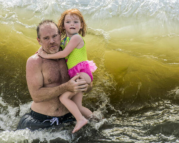 Beach Poster featuring the photograph A Father, A Daughter, and A Big Wave by WAZgriffin Digital