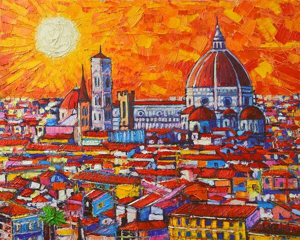Italy Poster featuring the painting Abstract Sunset Over Duomo In Florence Italy by Ana Maria Edulescu