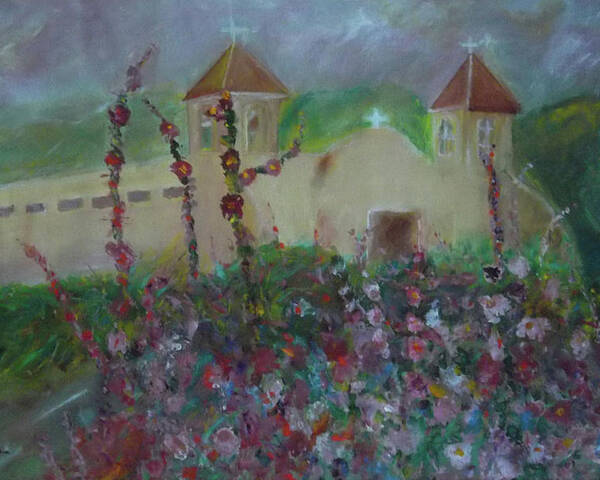 Spanish Mission Poster featuring the painting Adobe Spring Mission by Susan Esbensen