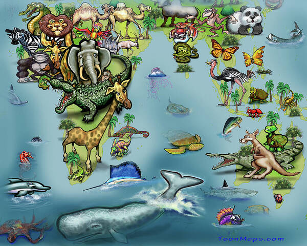 Africa Poster featuring the digital art Africa Oceania Animals Map by Kevin Middleton