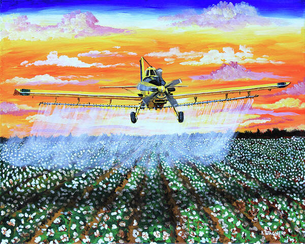 Air Tractor Poster featuring the painting Air Tractor at Sunset Over Cotton by Karl Wagner