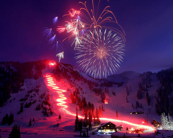 Alta Ski Utah Torchlight Fireworks Celebration Birthday Poster featuring the photograph Alta Ski Area 75th Birthday Celebration by Brett Pelletier