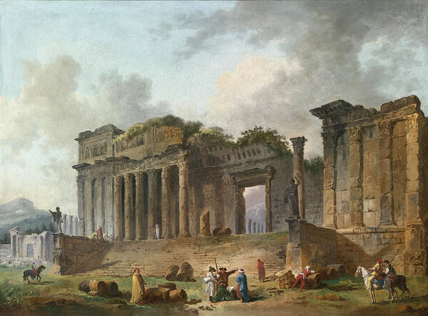 Hubert Robert Poster featuring the painting An Architectural Capriccio with an Artist Sketching in the Foreground by Hubert Robert