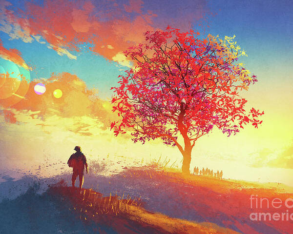 Abstract Poster featuring the painting Autumn Sunrise by Tithi Luadthong
