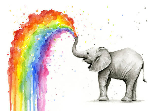 Baby Poster featuring the painting Baby Elephant Spraying Rainbow by Olga Shvartsur