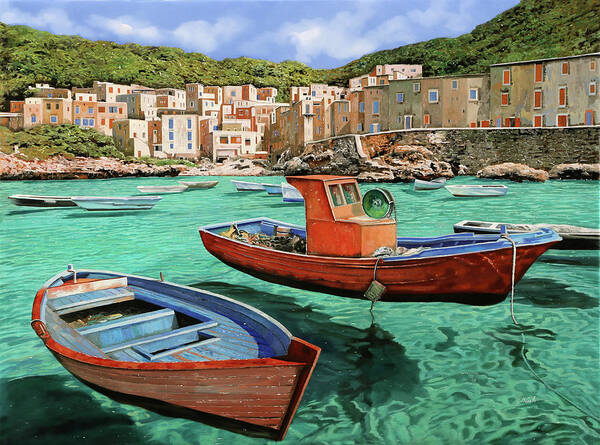 Boats Poster featuring the painting Barche Rosse E Blu by Guido Borelli