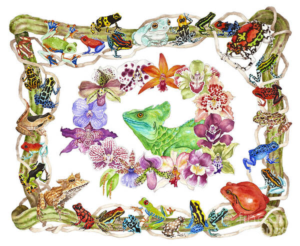 Frogs Poster featuring the painting Basilisk, Orchids, Frogs by Lucy Arnold