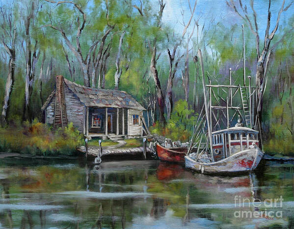 Louisiana Bayou Camp Poster featuring the painting Bayou Shrimper by Dianne Parks