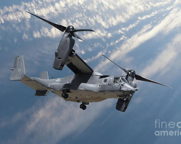 Osprey Poster featuring the photograph Bell Boeing Osprey V-22 helicopter close up view flying by Simon Bratt