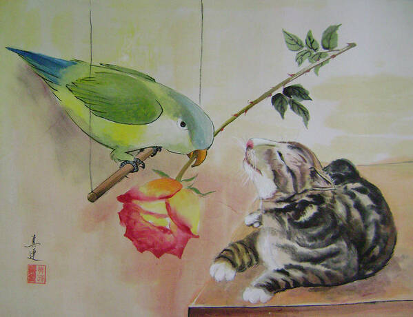 Cats Poster featuring the painting Bird courtship by Lian Zhen
