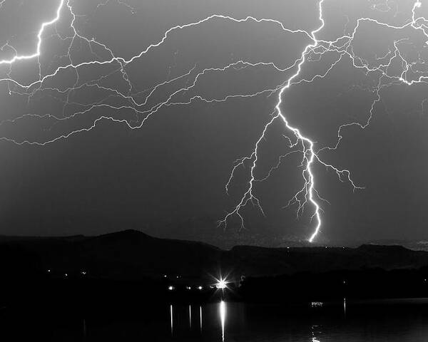 Lightning Poster featuring the photograph Black and White Massive Lightning Strikes by James BO Insogna