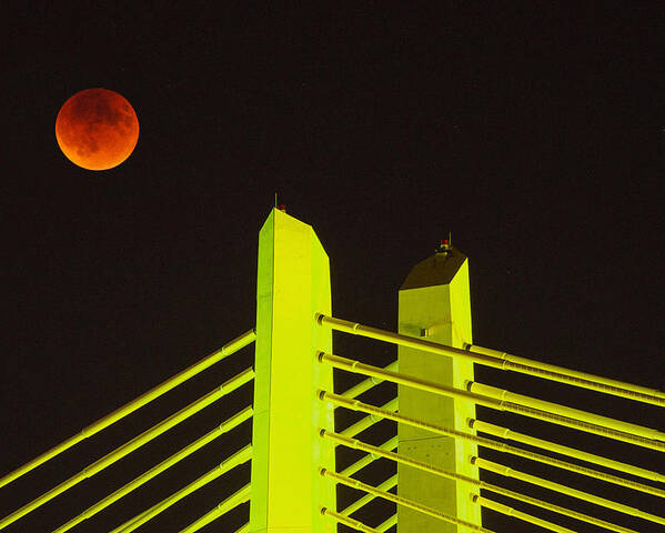 Full Super Moon Lunar Eclipse Tillikum Crossing September 27 2015 Portland Oregon Downtown Waterfront Pacific Northwest Night Telephoto Poster featuring the photograph Blood Moon Over the Tillikum Crossing by Patrick Campbell