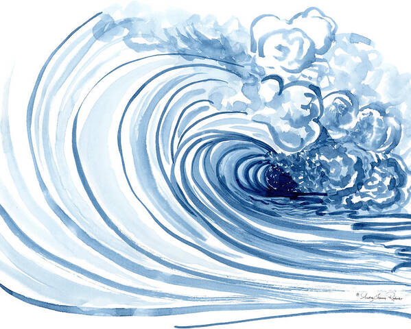 Modern Poster featuring the painting Blue Wave Modern Loose Curling Wave by Audrey Jeanne Roberts