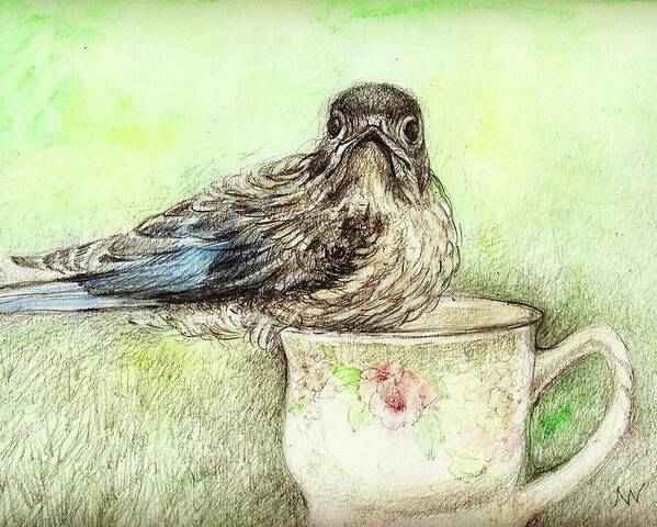 Bluebird Poster featuring the mixed media Bluebird with Teacup by AnneMarie Welsh