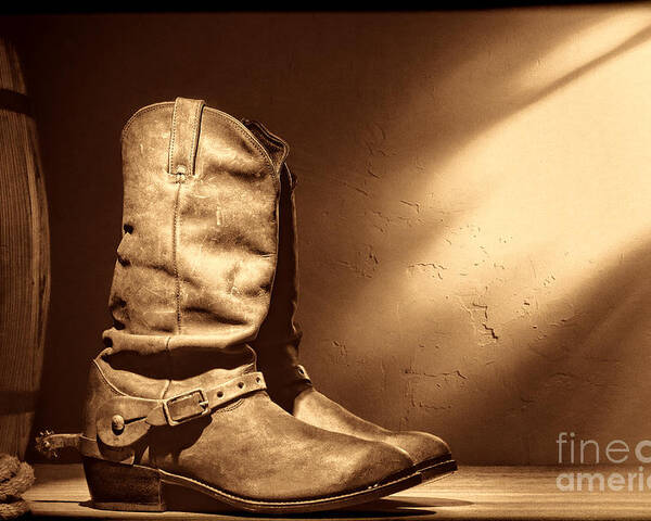 Cowboy Boots Poster featuring the photograph Boots at the Hacienda by American West Legend By Olivier Le Queinec