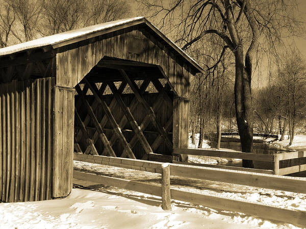 Covered Bridge Poster featuring the photograph Cedarburg Covered Bridge in Winter Sepia by David T Wilkinson
