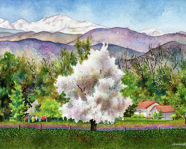 Blossoming Tree Painting Poster featuring the painting Celeste's Farm by Anne Gifford