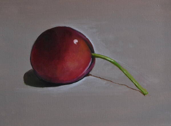 A Painting Of A Red Cherry. The Cherry Is Sitting On A Gray Background With A Shadow. Poster featuring the painting Cherry by Martin Schmidt