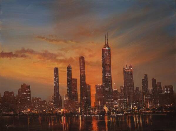 Chicago Poster featuring the painting Chicago Skyline at Sunset by Tom Shropshire